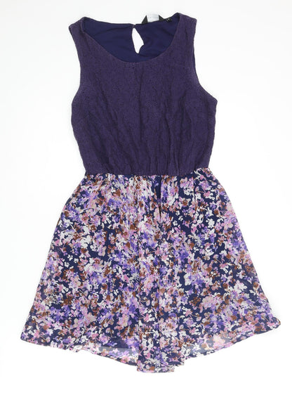 New Look Womens Purple Polyester A-Line Size 8 Round Neck Button - Floral Skirt