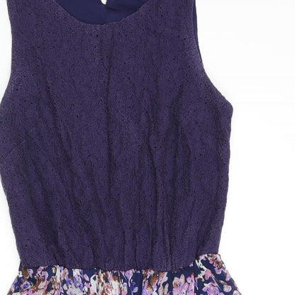 New Look Womens Purple Polyester A-Line Size 8 Round Neck Button - Floral Skirt
