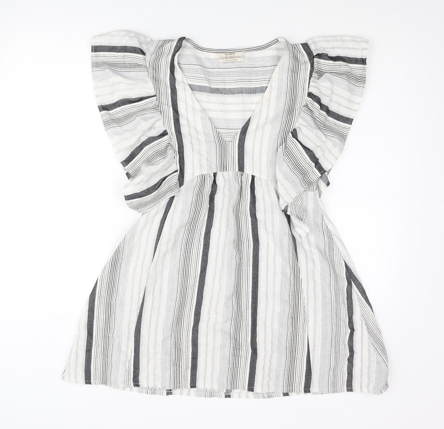 Pull&Bear Womens Grey Striped Polyester A-Line Size S V-Neck Pullover - Frill