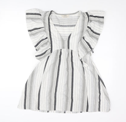 Pull&Bear Womens Grey Striped Polyester A-Line Size S V-Neck Pullover - Frill