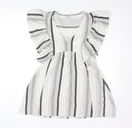 Pull&Bear Womens Grey Striped Polyester A-Line Size S V-Neck Pullover - Frill