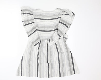 Pull&Bear Womens Grey Striped Polyester A-Line Size S V-Neck Pullover - Frill