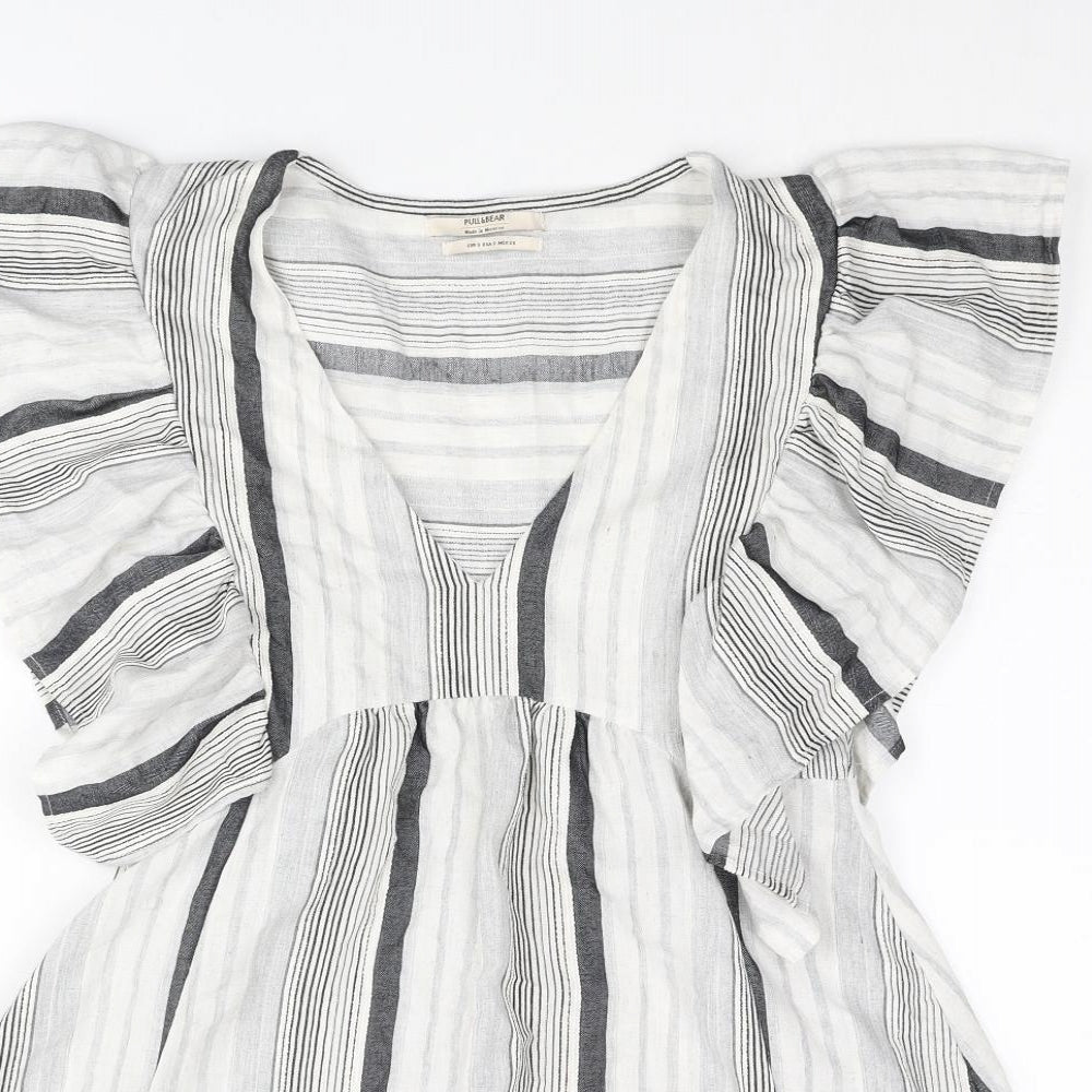 Pull&Bear Womens Grey Striped Polyester A-Line Size S V-Neck Pullover - Frill