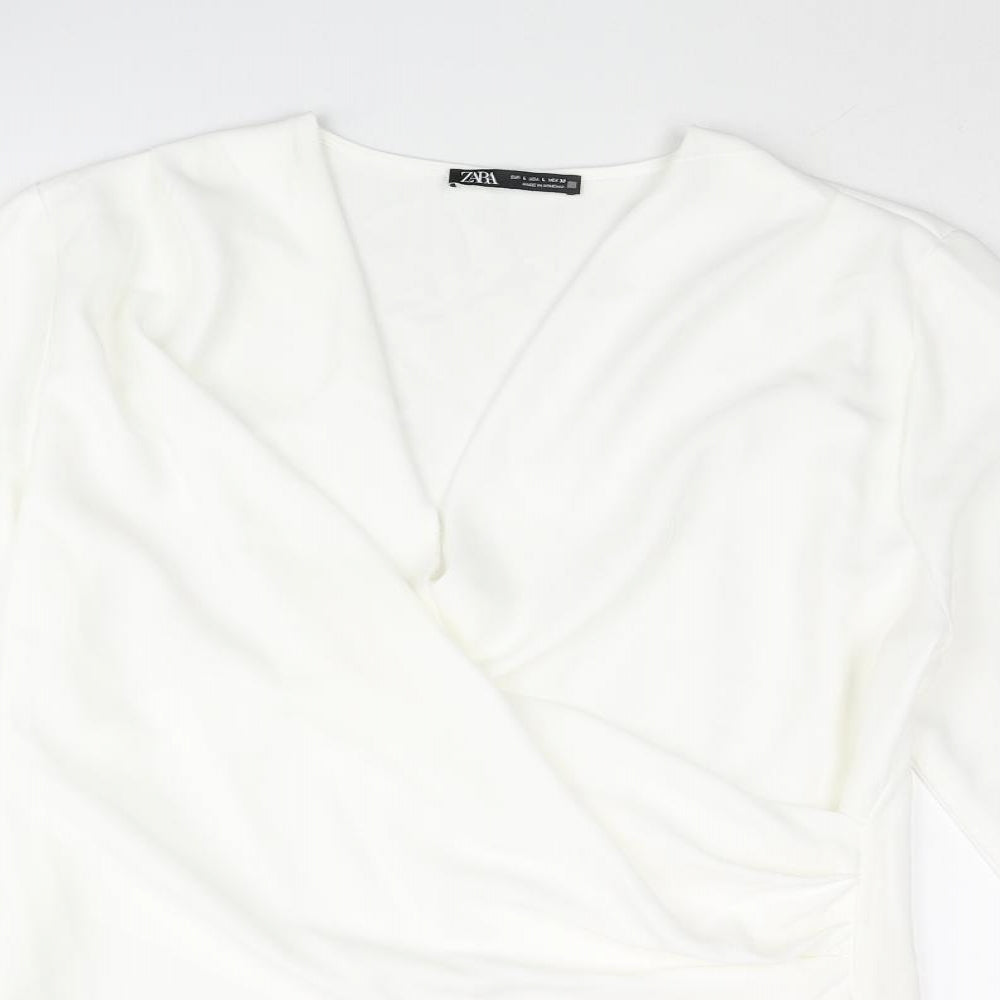 Zara Womens White Polyester Basic Blouse Size L V-Neck - Cowl Front