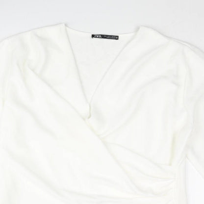 Zara Womens White Polyester Basic Blouse Size L V-Neck - Cowl Front