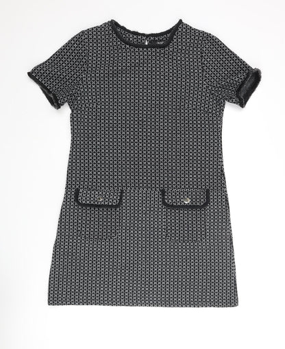 Miss Selfridge Womens Black Geometric Polyester Shift Size 12 Round Neck Button