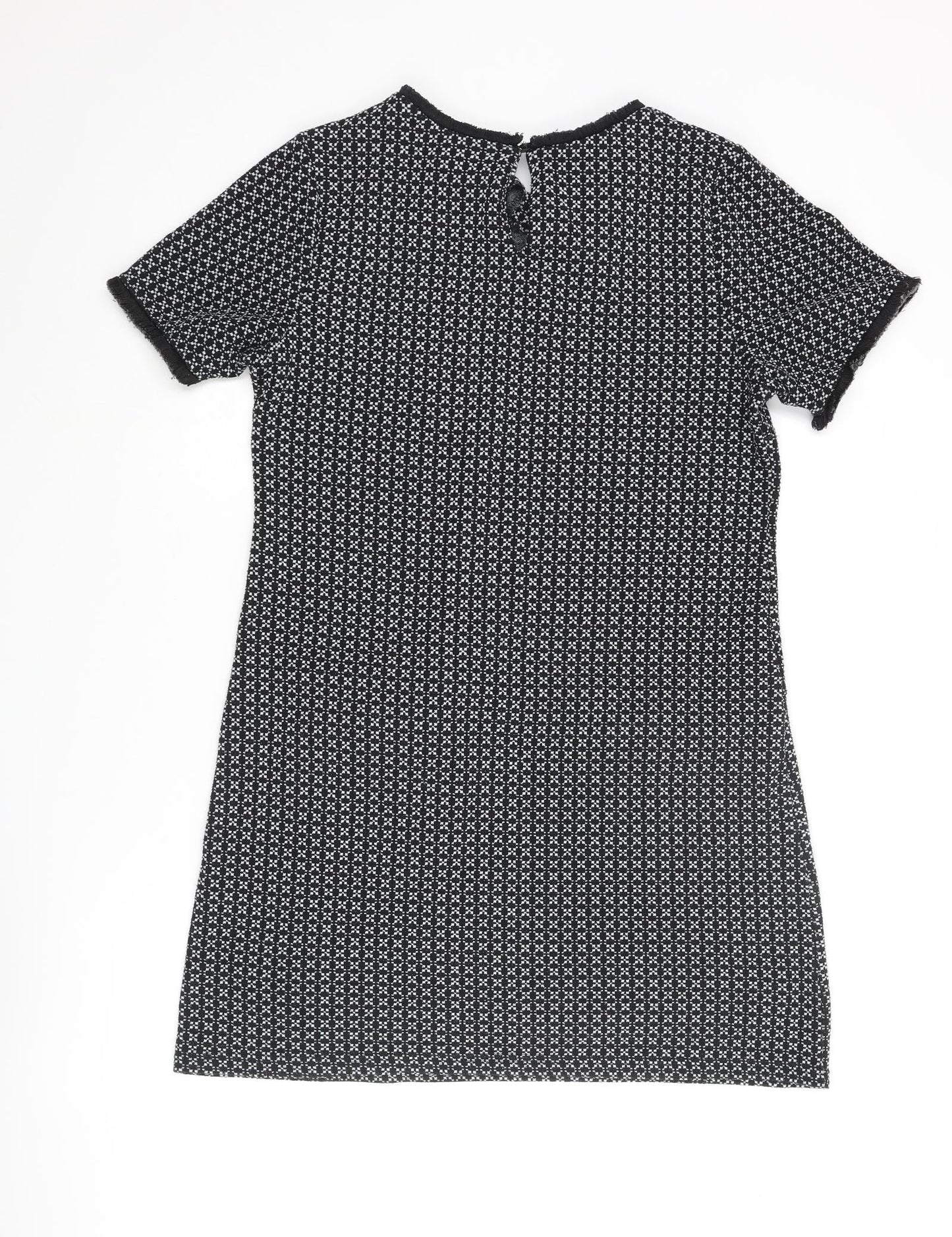 Miss Selfridge Womens Black Geometric Polyester Shift Size 12 Round Neck Button