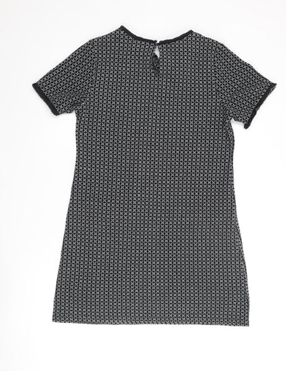 Miss Selfridge Womens Black Geometric Polyester Shift Size 12 Round Neck Button