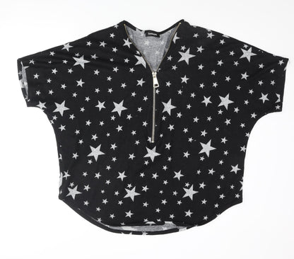 Look Again Womens Black V-Neck Geometric Polyester Pullover Jumper Size 16 - Star Print