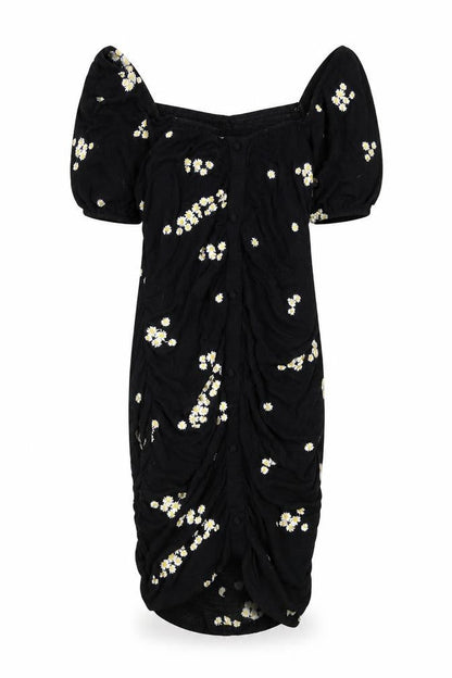ASOS Womens Black Floral Viscose Bodycon Size 12 Off the Shoulder Button - Floral Embroidery, Ruched, Milk Maid