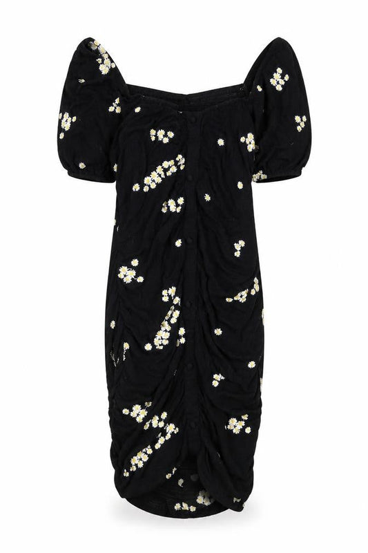 ASOS Womens Black Floral Viscose Bodycon Size 12 Off the Shoulder Button - Floral Embroidery, Ruched, Milk Maid