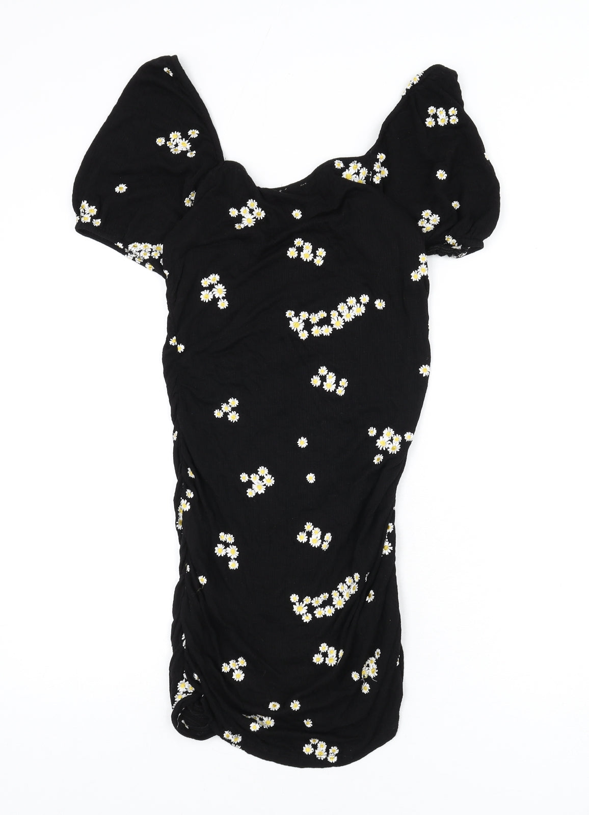 ASOS Womens Black Floral Viscose Bodycon Size 12 Off the Shoulder Button - Floral Embroidery, Ruched, Milk Maid