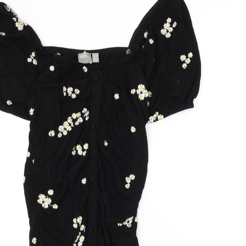 ASOS Womens Black Floral Viscose Bodycon Size 12 Off the Shoulder Button - Floral Embroidery, Ruched, Milk Maid