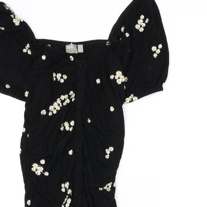 ASOS Womens Black Floral Viscose Bodycon Size 12 Off the Shoulder Button - Floral Embroidery, Ruched, Milk Maid