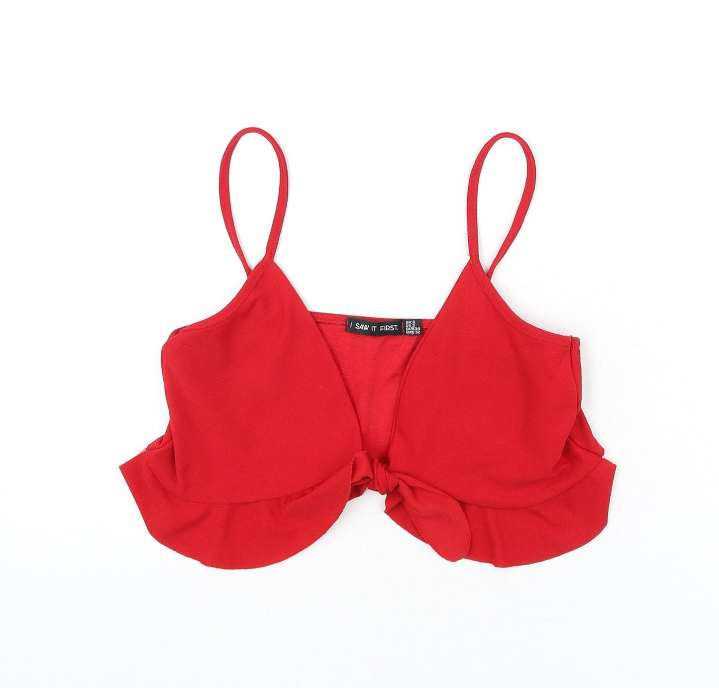 I SAW IT FIRST Womens Red Polyester Cropped T-Shirt Size 6 V-Neck - Ruffle Detail