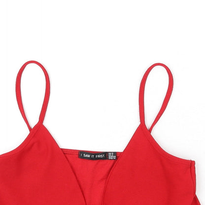 I SAW IT FIRST Womens Red Polyester Cropped T-Shirt Size 6 V-Neck - Ruffle Detail