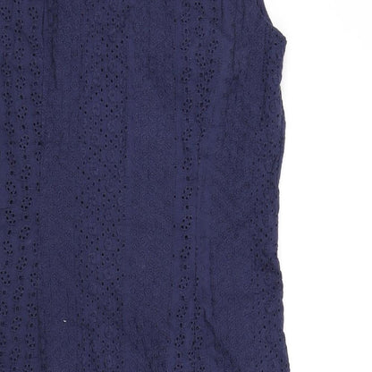 Monsoon Womens Blue Cotton A-Line Size 8 Round Neck Zip - Floral Embroidery, Tie Detail