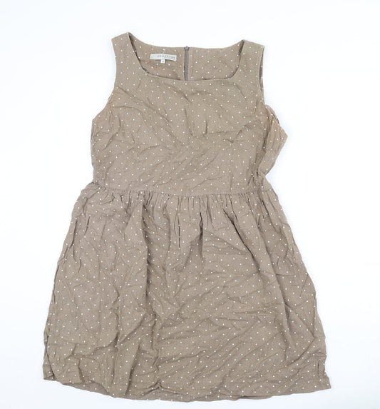 John Lewis Womens Brown Polka Dot Cotton Fit & Flare Size 14 Scoop Neck Zip