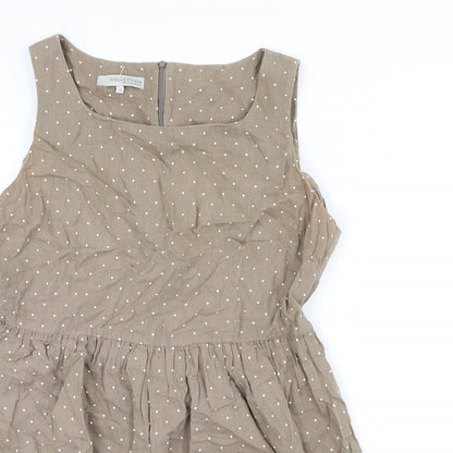 John Lewis Womens Brown Polka Dot Cotton Fit & Flare Size 14 Scoop Neck Zip