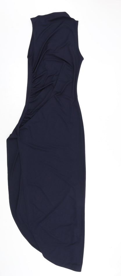 Pull&Bear Womens Blue Polyester Bodycon Size M Round Neck Pullover - Ruched Sides, Slit