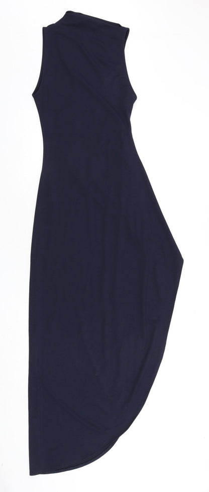 Pull&Bear Womens Blue Polyester Bodycon Size M Round Neck Pullover - Ruched Sides, Slit