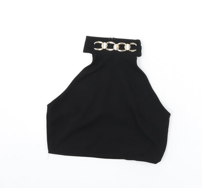 Miss Selfridge Womens Black Polyester Cropped T-Shirt Size 12 Halter - Chain Detail