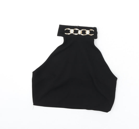 Miss Selfridge Womens Black Polyester Cropped T-Shirt Size 12 Halter - Chain Detail