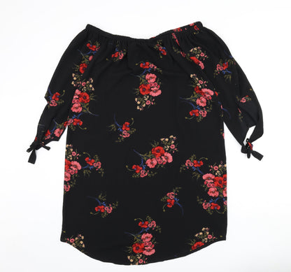 Cameo Rose Womens Black Floral Polyester A-Line Size 14 Off the Shoulder Pullover - Bardot, Sleeve Tie Detail