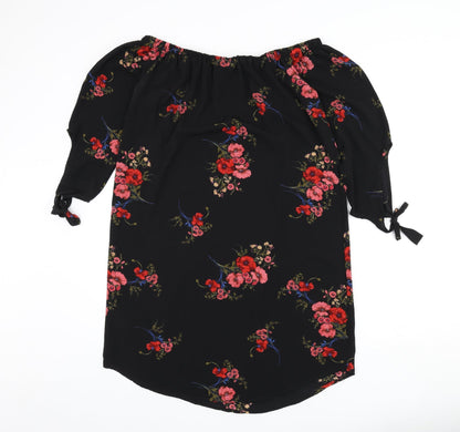 Cameo Rose Womens Black Floral Polyester A-Line Size 14 Off the Shoulder Pullover - Bardot, Sleeve Tie Detail