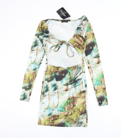 PRETTYLITTLETHING Womens Multicoloured Geometric Polyester Bodycon Size 8 V-Neck Tie - Cut Out Detail