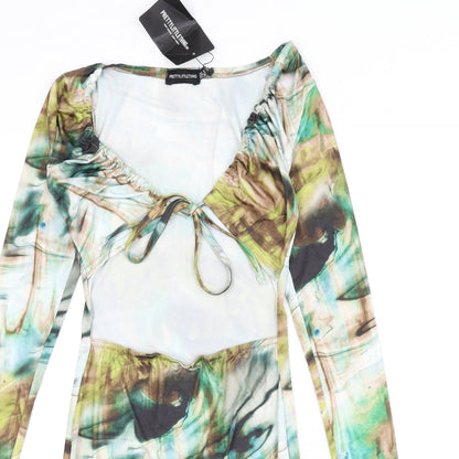 PRETTYLITTLETHING Womens Multicoloured Geometric Polyester Bodycon Size 8 V-Neck Tie - Cut Out Detail