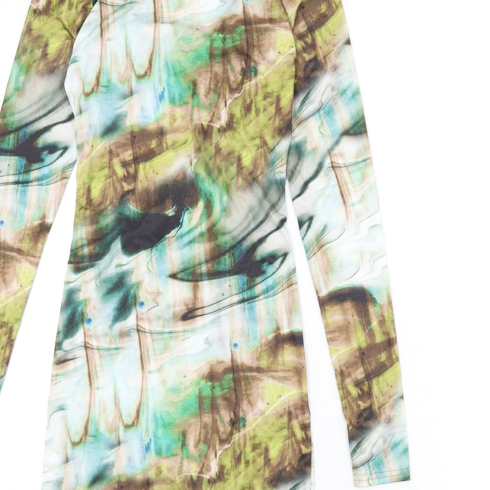 PRETTYLITTLETHING Womens Multicoloured Geometric Polyester Bodycon Size 8 V-Neck Tie - Cut Out Detail