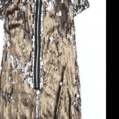 Topshop Womens Gold Polyester Pencil Dress Size 8 Round Neck Zip - Reversible Sequins