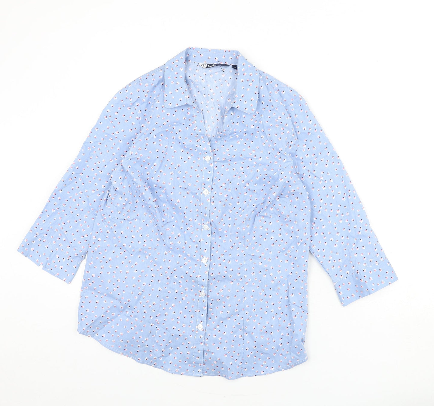 EWM Womens Blue Floral Cotton Basic Button-Up Size 12 Collared