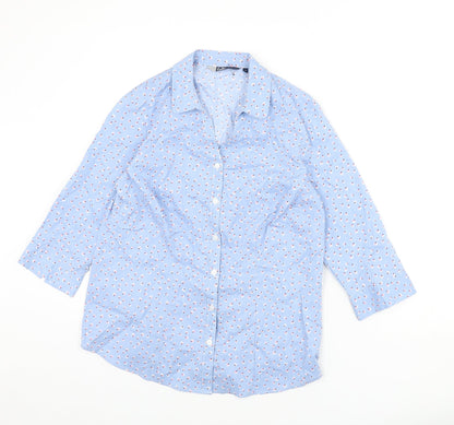 EWM Womens Blue Floral Cotton Basic Button-Up Size 12 Collared