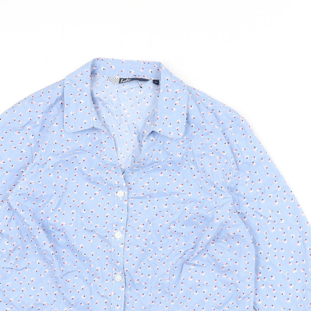 EWM Womens Blue Floral Cotton Basic Button-Up Size 12 Collared