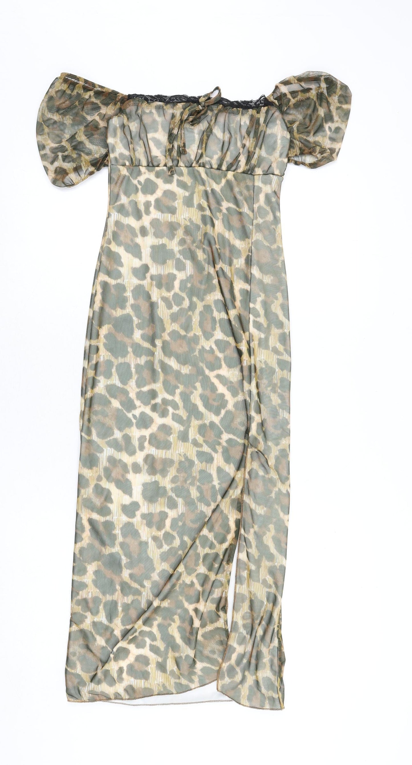 PRETTYLITTLETHING Womens Multicoloured Animal Print Polyester Bodycon Size 8 Off the Shoulder Pullover - Leopard Print, Lace Trim