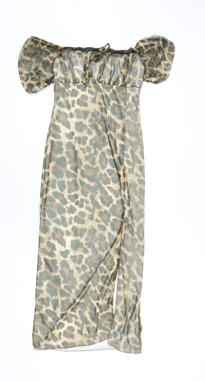 PRETTYLITTLETHING Womens Multicoloured Animal Print Polyester Bodycon Size 8 Off the Shoulder Pullover - Leopard Print, Lace Trim