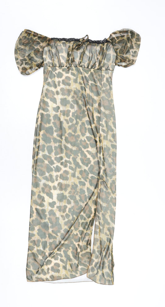 PRETTYLITTLETHING Womens Multicoloured Animal Print Polyester Bodycon Size 8 Off the Shoulder Pullover - Leopard Print, Lace Trim