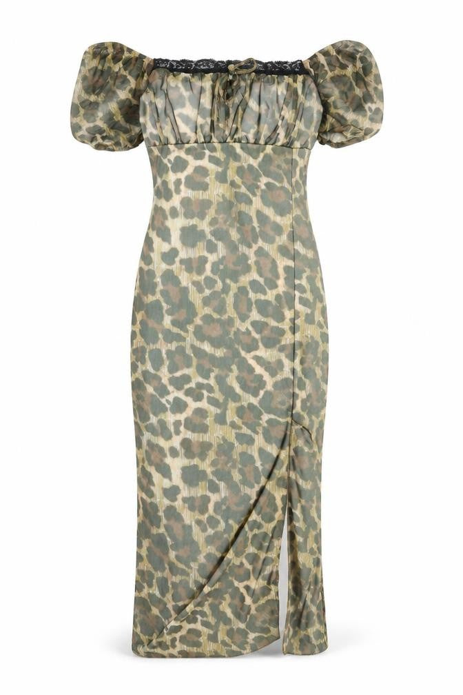PRETTYLITTLETHING Womens Multicoloured Animal Print Polyester Bodycon Size 8 Off the Shoulder Pullover - Leopard Print, Lace Trim