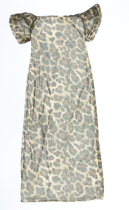 PRETTYLITTLETHING Womens Multicoloured Animal Print Polyester Bodycon Size 8 Off the Shoulder Pullover - Leopard Print, Lace Trim