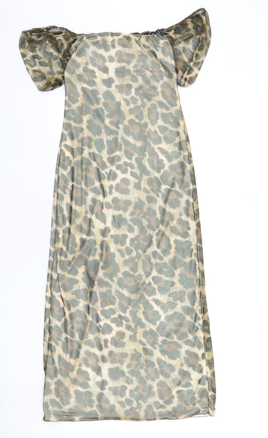 PRETTYLITTLETHING Womens Multicoloured Animal Print Polyester Bodycon Size 8 Off the Shoulder Pullover - Leopard Print, Lace Trim