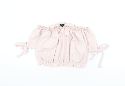 New Look Womens Pink Polyester Cropped T-Shirt Size 10 Off the Shoulder - Tie Sleeve Detail, Bardot