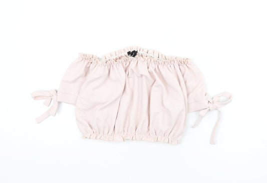 New Look Womens Pink Polyester Cropped T-Shirt Size 10 Off the Shoulder - Tie Sleeve Detail, Bardot