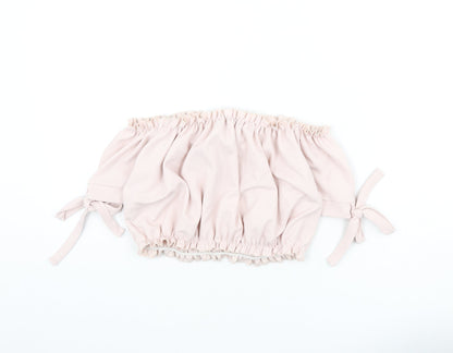 New Look Womens Pink Polyester Cropped T-Shirt Size 10 Off the Shoulder - Tie Sleeve Detail, Bardot