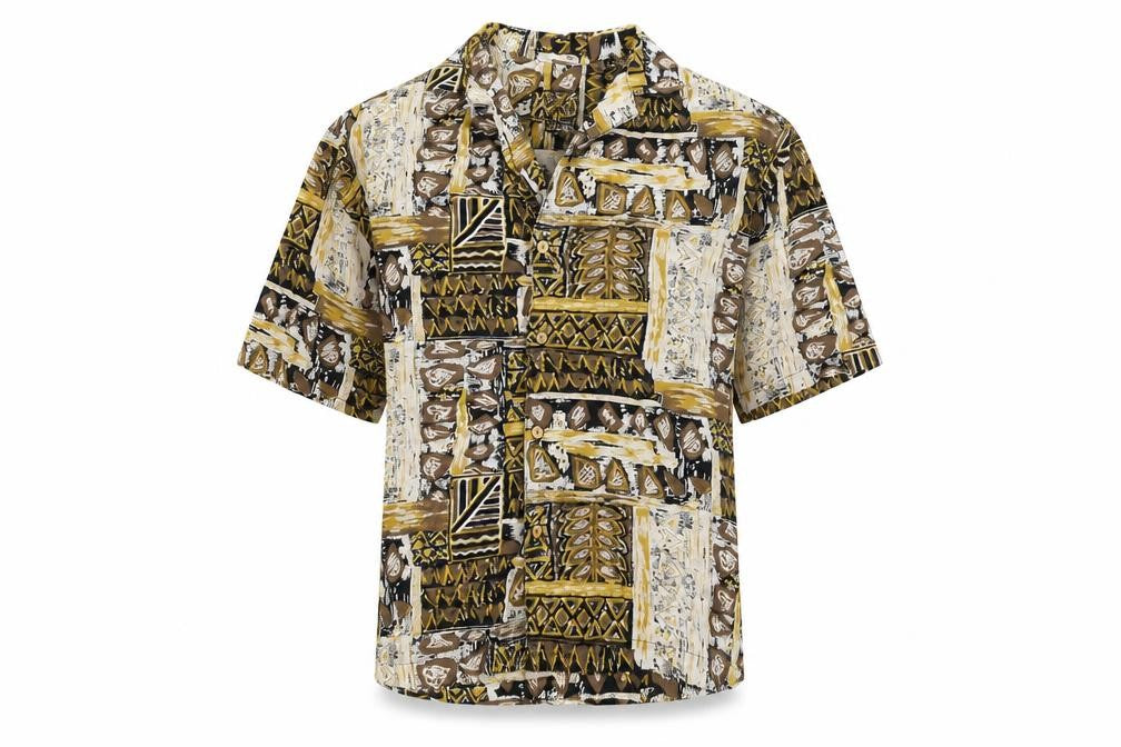 Front view of Pull&Bear men’s multicoloured geometric viscose button-up, size XS, collared button