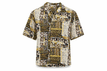 Front view of Pull&Bear men’s multicoloured geometric viscose button-up, size XS, collared button