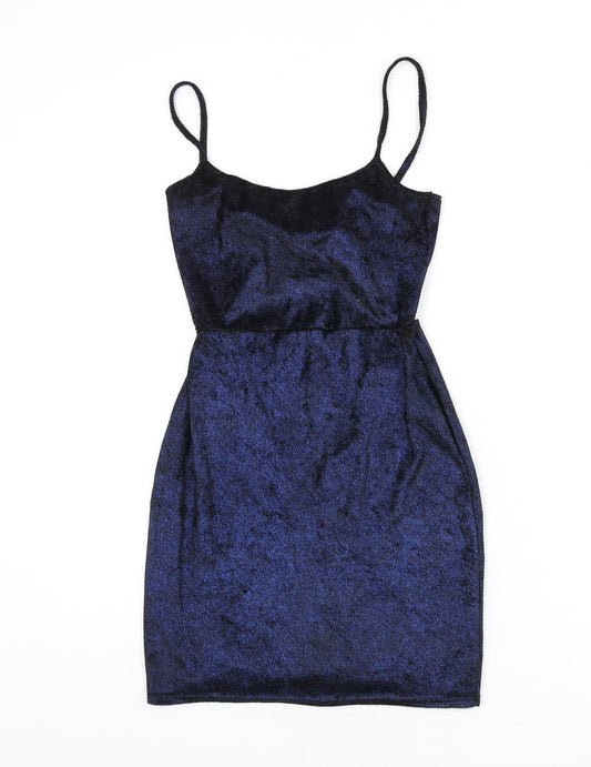 PRETTYLITTLETHING Womens Blue Polyester Bodycon Size 8 Scoop Neck Tie - Mini