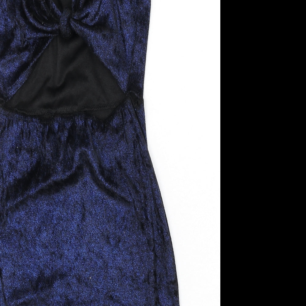 PRETTYLITTLETHING Womens Blue Polyester Bodycon Size 8 Scoop Neck Tie - Mini