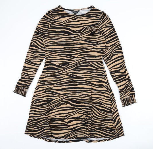 Dorothy Perkins Womens Beige Animal Print Cotton A-Line Size 14 Round Neck Pullover - Tiger Print